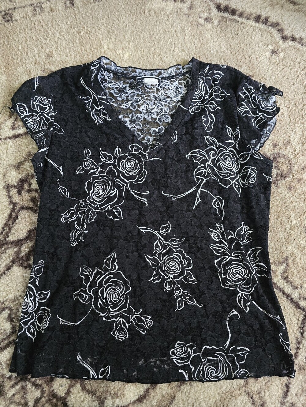 Fashion Bug Black Lace Short Sleeve Top with White Rose Print